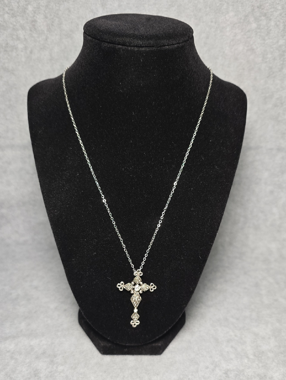 Silver-tone Rhinestone Cross Pendant Necklace - Silver